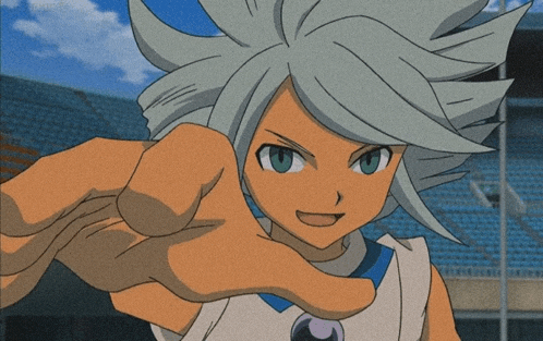 a cartoon character with white hair and blue eyes is pointing at the camera