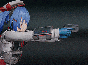 a blue haired anime girl is holding a gun