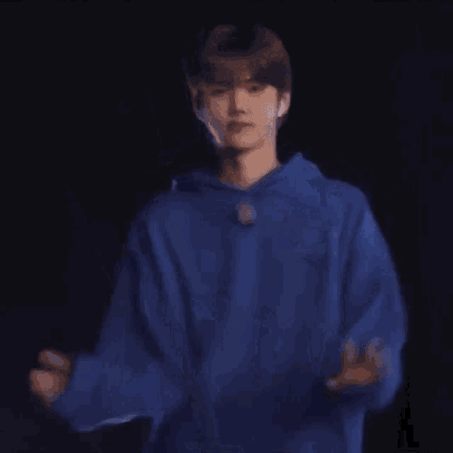 a young man wearing a blue sweater is standing on a stage .