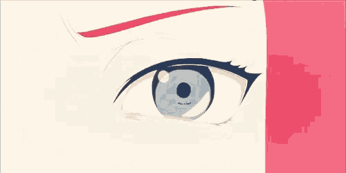 a close up of a woman 's blue eye with a red stripe on her eyebrow