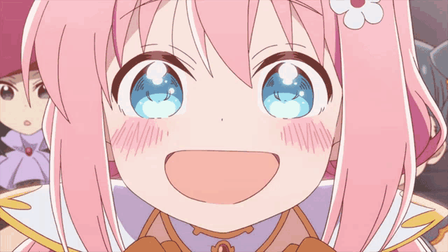 a cartoon girl with pink hair and blue eyes