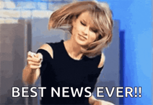 a woman in a black dress is holding a cell phone and says best news ever