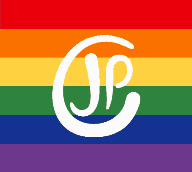 a rainbow flag with a white letter c in the middle