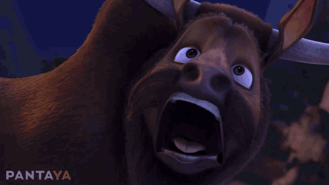 a close up of a cartoon bull with a pantaya logo in the corner