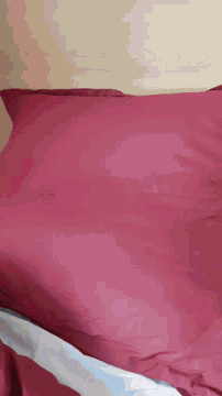 a close up of a red pillow against a tan wall