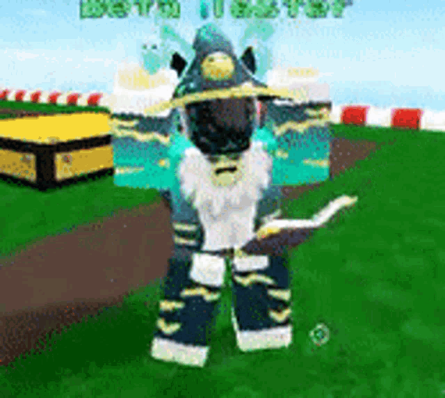 a person in a pirate costume is standing in the grass holding a sword .