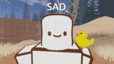a cartoon character with a yellow duck and the word sad above it