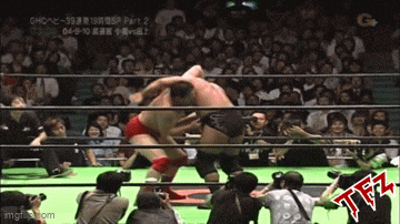 two wrestlers are fighting in a ring with a crowd watching and a watermark that says tiff