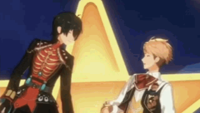 two anime characters are standing next to each other in front of a large star .