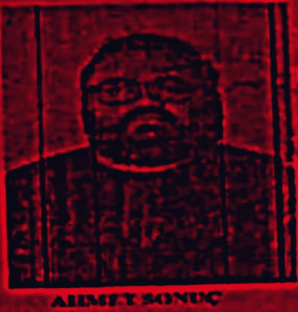 a painting of a man with glasses and the name ahmet sonucu on the bottom