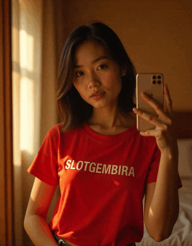 a woman in a red shirt that says slotgembira takes a selfie