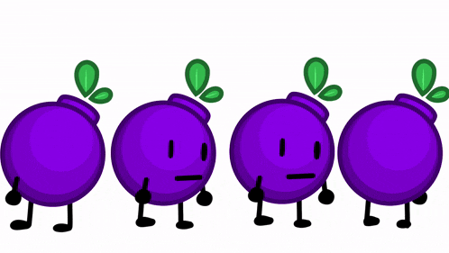 a group of purple balls with green leaves on top of them standing next to each other .