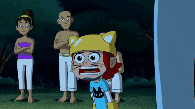 a cartoon of a girl wearing a cat hat and a blue shirt with a black cat on it