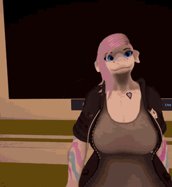 a cartoon character with pink hair and blue eyes stands in front of a computer monitor