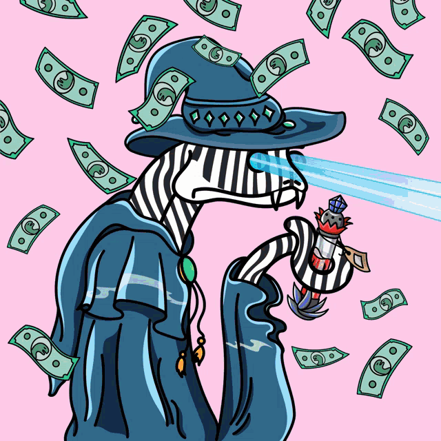 a cartoon drawing of a zebra holding a gun surrounded by dollar bills