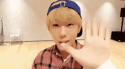a young man wearing a baseball cap and a plaid shirt is waving his hand in a room .
