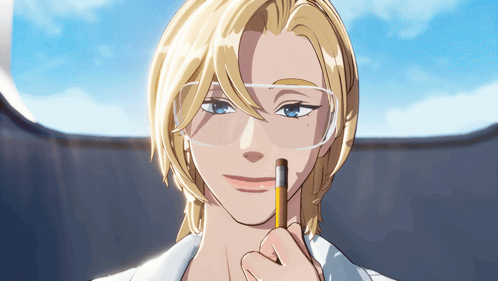 a woman with blonde hair and glasses is holding a pencil