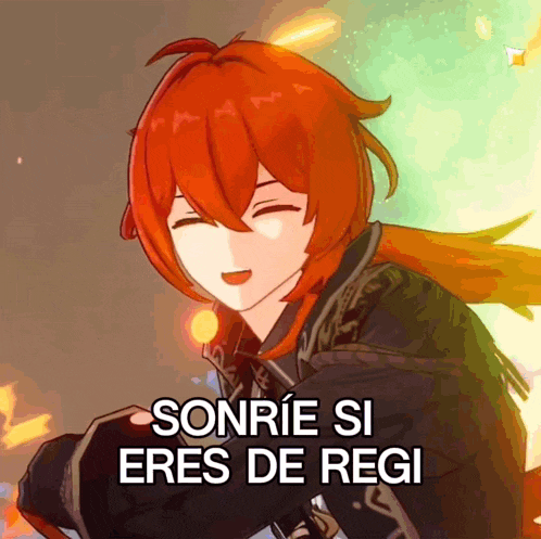 a red haired anime character with the words sonrie si eres de regi written below him