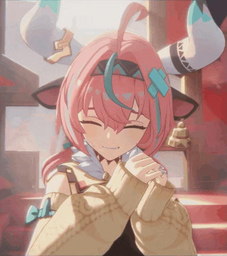 a girl with pink hair and a blue ribbon in her hair is smiling