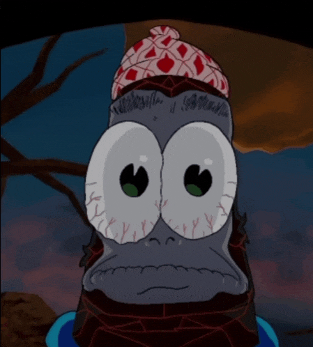 a cartoon character with big eyes wearing a hat