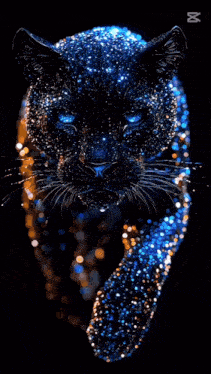 a black panther with blue eyes is surrounded by lights