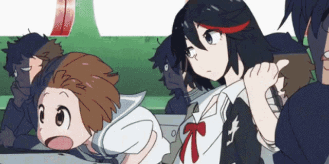 a group of anime characters are sitting in a classroom and one of them is pointing at something