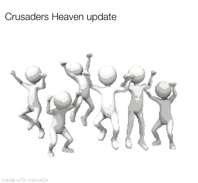 a group of people are jumping in the air with the words " crusaders heaven update " above them