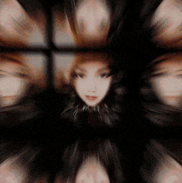 a blurred image of a woman 's face surrounded by other faces in a dark room