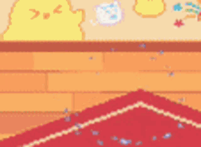 a pixel art drawing of a cat laying on a rug next to a book .