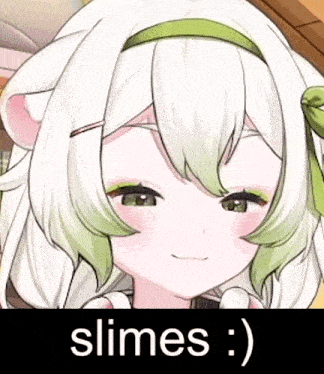 a close up of a girl 's face with the words slimes : )