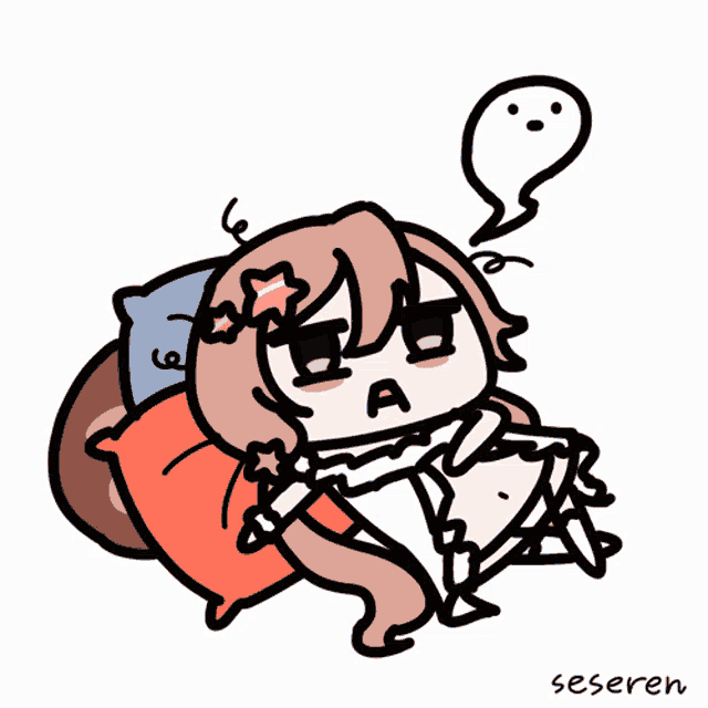a drawing of a girl laying on a bed with the name seseren written underneath her