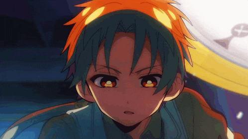 a close up of a anime character with green hair