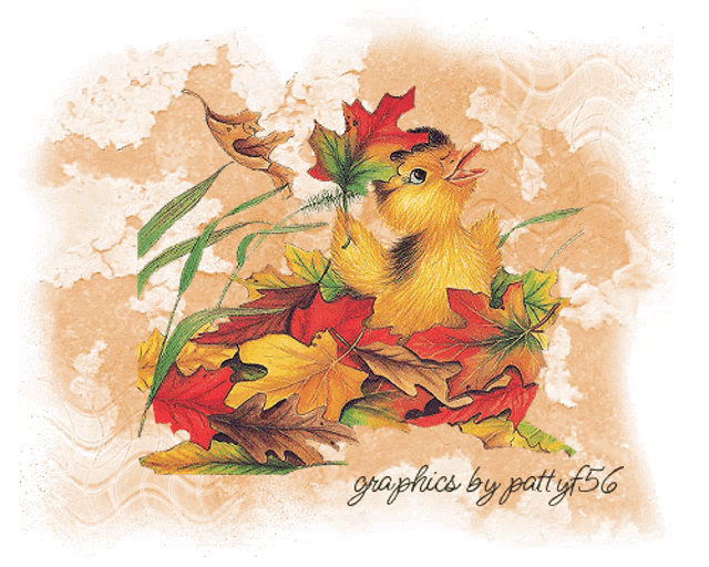 a picture of a duck sitting on a pile of leaves with the words graphics by patty 56 below it