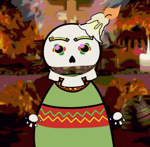 a cartoon of a skeleton with a candle on top of his head