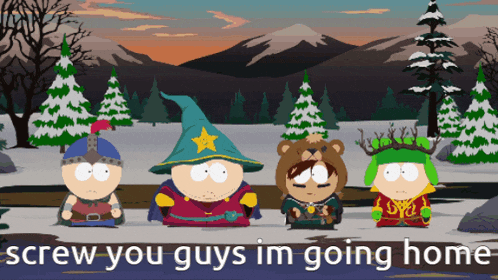 four south park characters standing in a snowy field with the words screw you guys im going home below them
