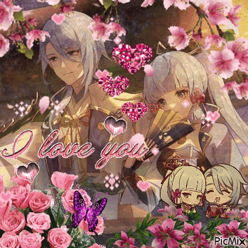 a couple of anime characters surrounded by pink flowers with the words i love you written on the bottom