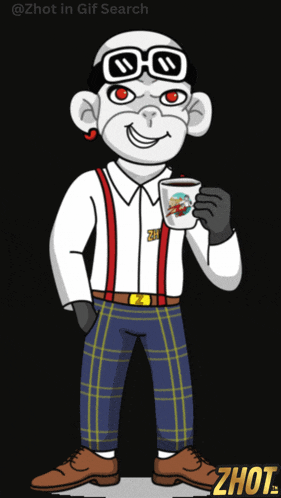 a cartoon of a monkey wearing suspenders holding a cup
