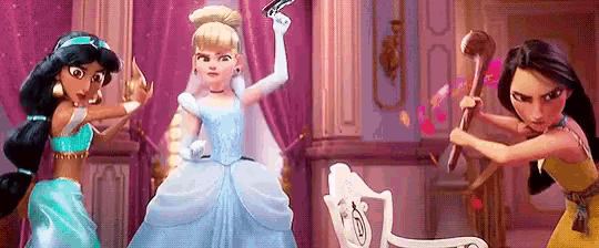 cinderella , jasmine and pocahontas are fighting each other in a room .