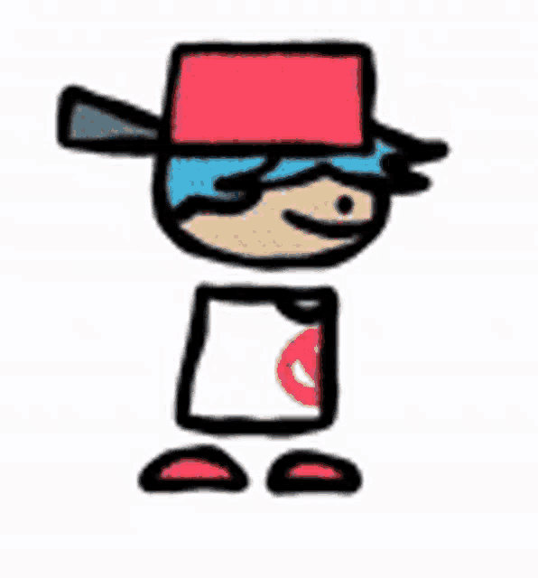 a cartoon boy wearing a hat and a no sign on his shirt .