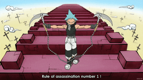 a cartoon of a man holding a scythe with the words rule of assassination number 1 at the bottom