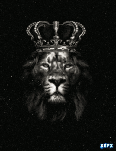 a black and white photo of a lion with a crown