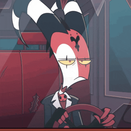 a cartoon character is driving a car and has a cross on his head