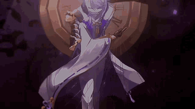 a drawing of a man holding a sword with a clock in the background that says xii on it