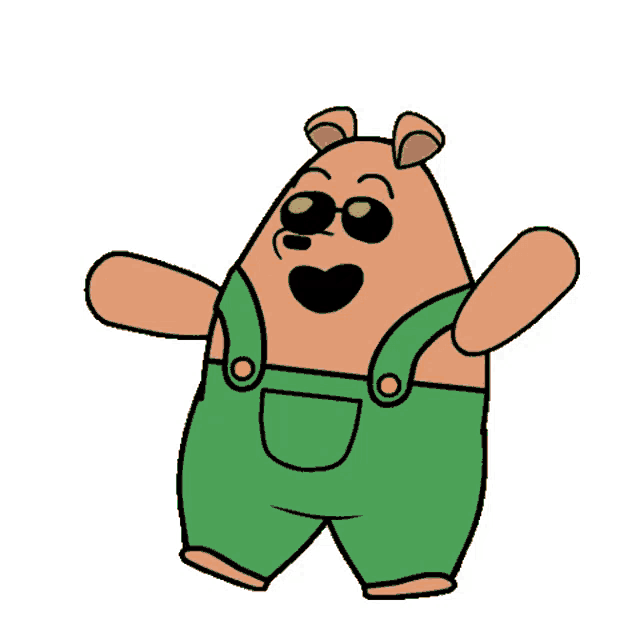 a cartoon bear is wearing green overalls and sunglasses