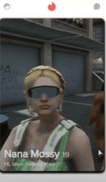a woman wearing sunglasses and a green shirt has the name nana mossy on her profile