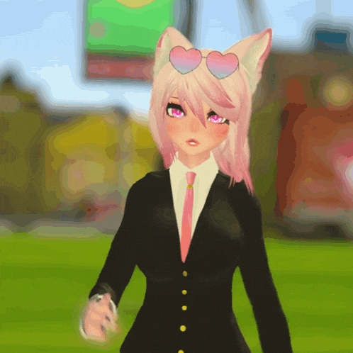a girl with pink hair and heart shaped sunglasses on her head