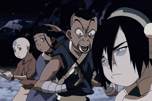 a group of cartoon characters from avatar the last airbender are standing next to each other and making funny faces .