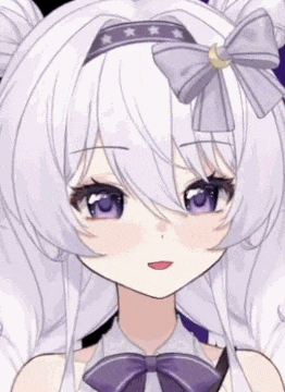 a close up of a white anime girl with purple eyes and a purple bow .