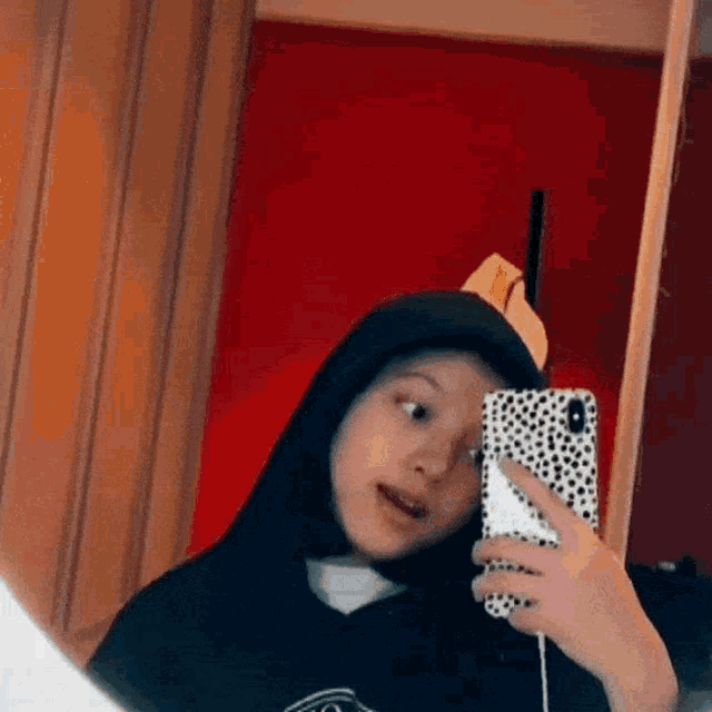 a girl is taking a selfie in front of a mirror while wearing a hoodie .