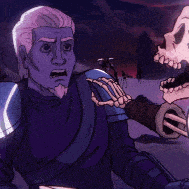 a cartoon of a man being attacked by a skeleton in armor